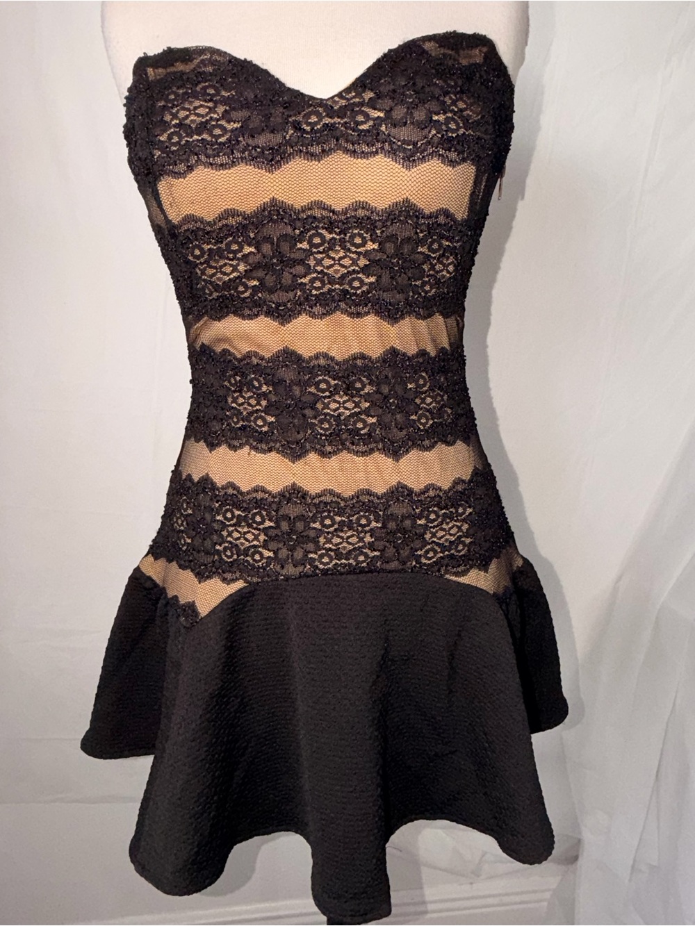 Dance & Marvel Black Lace Strapless Fit-and-Flare Dress with Nude Illusion